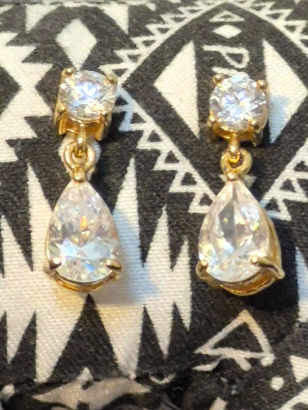 Gold Plated 925 Sterling Silver CZ Fancy Drop Earrings Round + Teardrop Stones